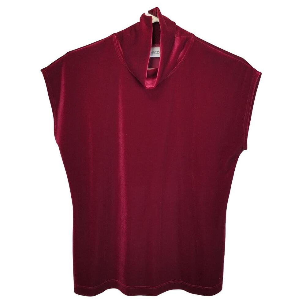 Chicos Aspen Red Velvet Mock Neck Top Sz M Classic Stretch Holiday Wedding Guest